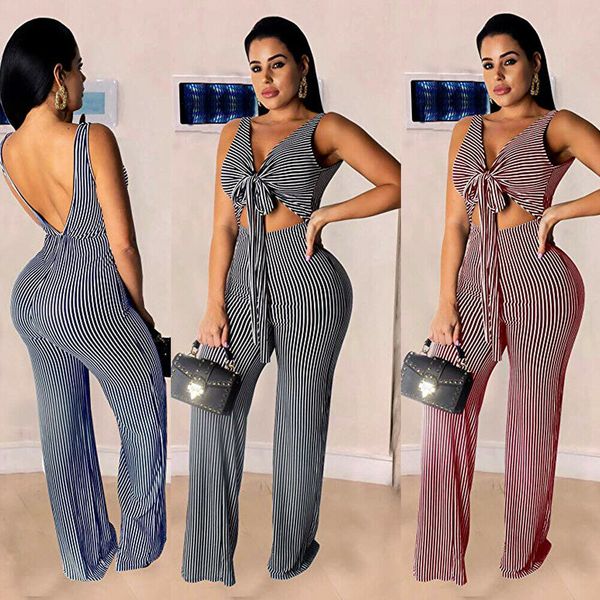 

new style women jumpsuits bodycon sleeveless romper trousers hollow out bow stripe deep v neck bandage backless fashion 2019, Black;white