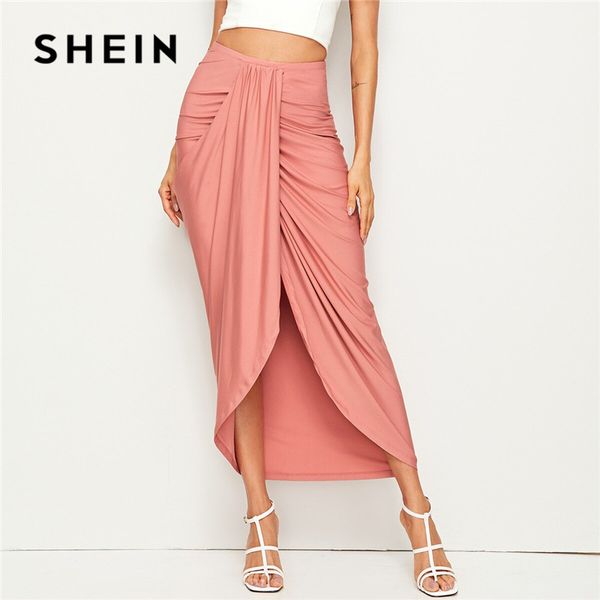 

shein ladies pink draped high waist skirt solid asymmetrical wrap hem summer skirt vacation korean style women long, Black