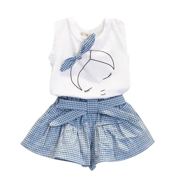 

baby girl sets children bow-knot t shirt +plaids & check dress pants girls outfit clothes set, White