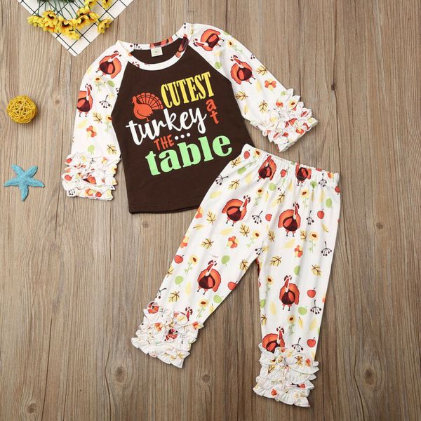 

kid baby girl thanksgiving clothes turkey long sleeve +pants outfit 2pcs set, White