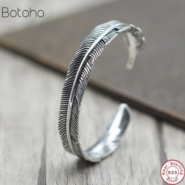 

s925 sterling silver feather shape open bracelet for men women puck classic retro style jewelry wind feather, Black