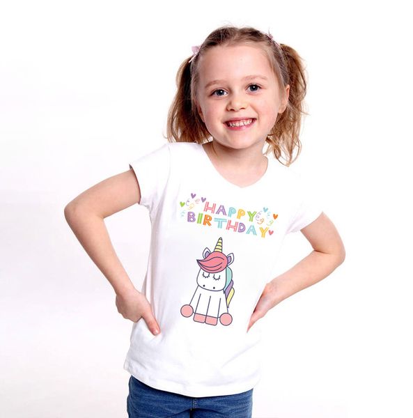 

new 2020 kids clothes summer girls t shirt cartoon unicorn happy birthday baby girl tshirt casual boys tshirts vogue, Blue