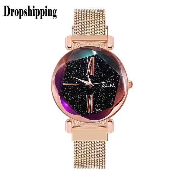 

luxury women rose gold watch starry sky pattern quartz stainless steel casual watches bracele relogio masculinodropshipping #zf, Slivery;brown