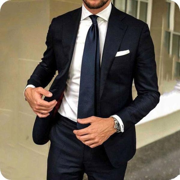 Nova Moda Azul Escuro Do Noivo Smoking Excelente Entalhe Lapela Slim Fit Groomsmen Homens Blazer Terno Formal Do Partido Do Baile de Finalistas (Jaqueta + Calça + Gravata) 1280