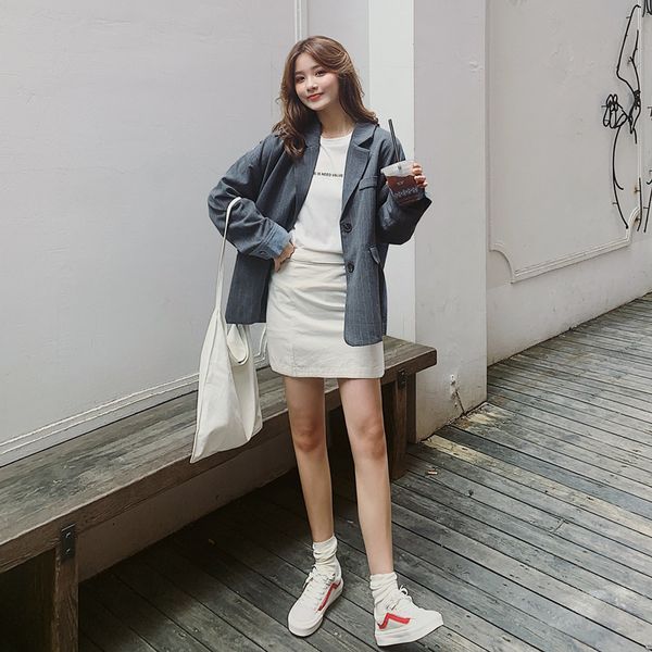 

casual striped blazer blouse stitching contrast color loose british wind retro spring and autumn small suit, White;black