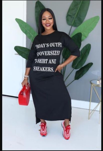 

loose womens designer dresses spring letter print crew neck long sleeve solid color long dress fashion style casual apparel, Black;gray