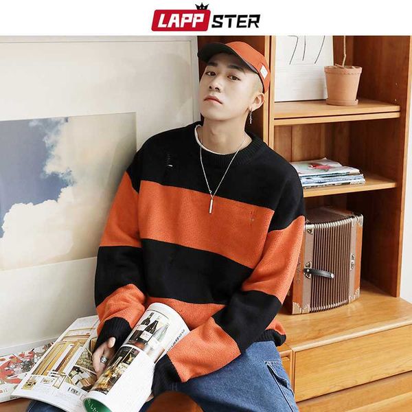 

мужчины корейский полосатый свитер 2019 осень mens pullover streetwear hip hop hole свитера пара оранжевые крупногабаритные свитера, White;black