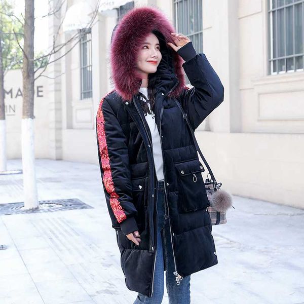 

new 2020 winter down cotton jacket women long coat parkas thickening female warm clothes fur collar down jacket t83, Black
