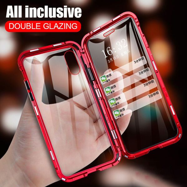 

magnetic adsorption metal phone case for iphone xr xs x xs max 6 7 8 plus double sided tempered glass full protective cover case