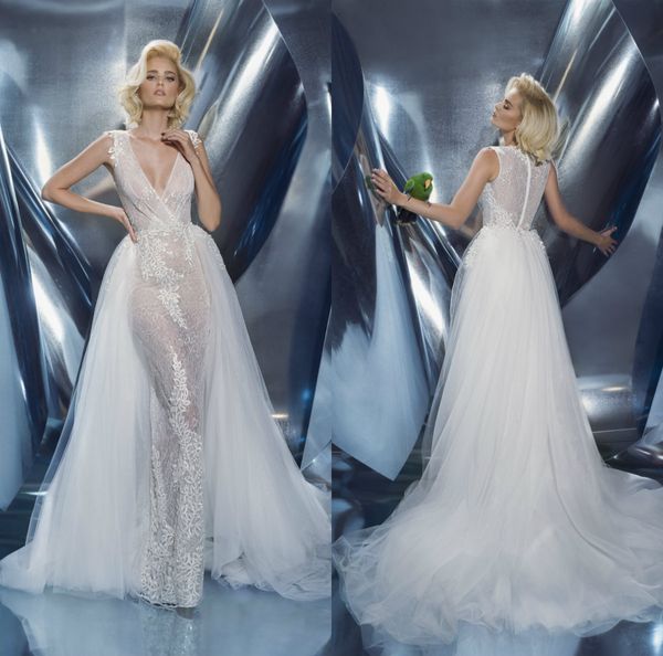 Gorgeous sirena Abiti da sposa con gonne rimovibili con scollo a V con scollo a V in pizzo Appliqued abito da sposa personalizzato Dany Mizrachi Vestidos de Noiva