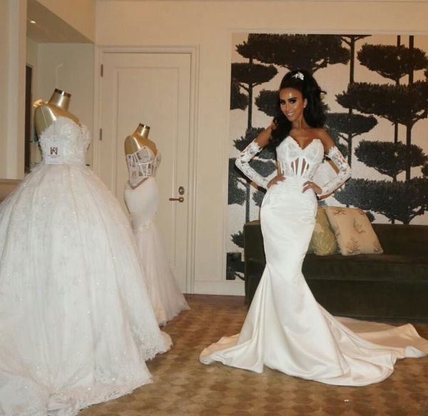 

arabic mermaid wedding dresses sweetheart long sleeve applique lace bridal gown corset back satin vestidos de novia robe de mariee, White
