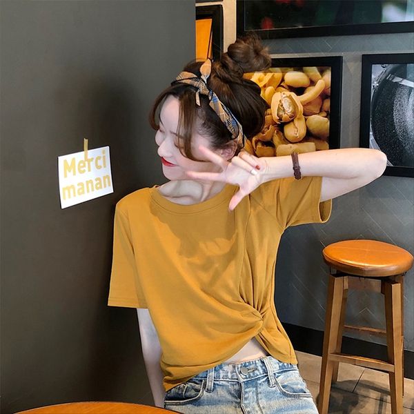 

east gate t-shirt women's short clothing underpants clothing sleeve high waist short knot slim clothes women's all-match base shir, White