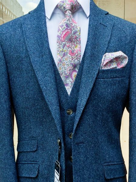 Örgün Durum Elbise Erkek Takım Elbise 3 Parça erkek İngiliz Yün Mavi Tüvit Takım Elbise Ceket Yelek Pantolon Custom Made En Kaliteli Düğün Smokin