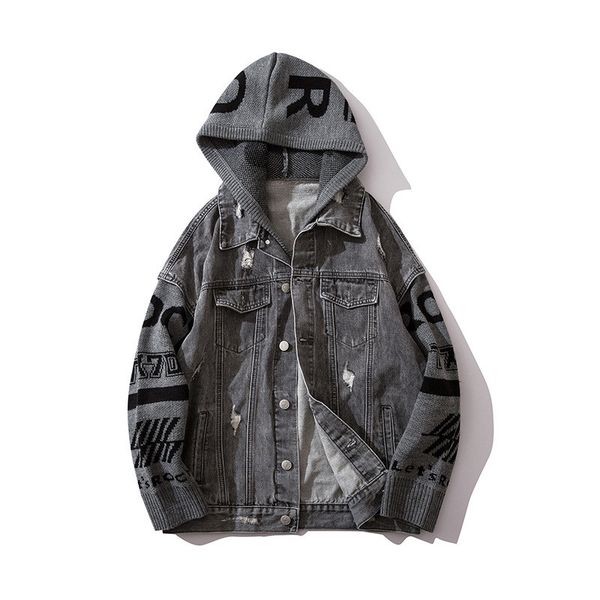 

moruancle hi street ripped jean jackets knitted sleeve for man streetwear distressed denim trucker jacket outerwear with holes, Black;brown