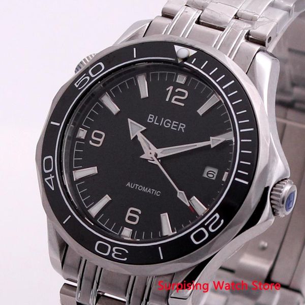 

bliger 41mm mechanical mens watch sterile dial sapphire crystal luminous waterproof calendar automatic wristwatch men, Slivery;brown