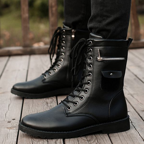 

winter men snow boots warm plush plus size 39-44 cool handsome pointed toe winter casual leather shoes men boots, Black