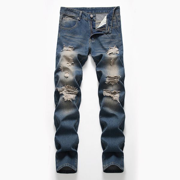 

mens designer wear hole-piercing nostalgic jeans and worn-out denim trousers, Blue