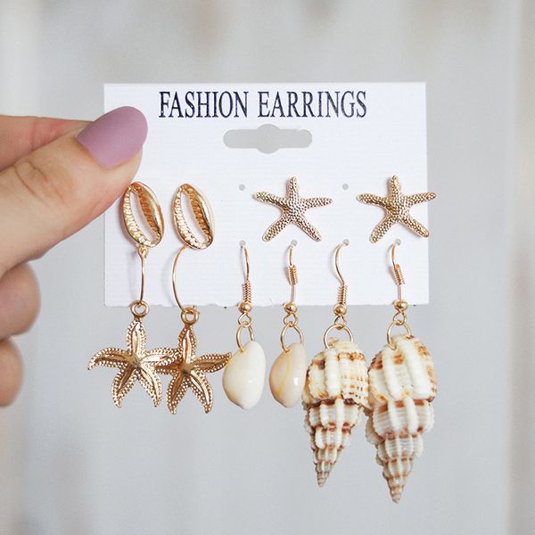 

5 pairs/ set women earrings set fashion starfish shell conch gold pendant stud long earring female exquisite beach party jewelry, Golden;silver