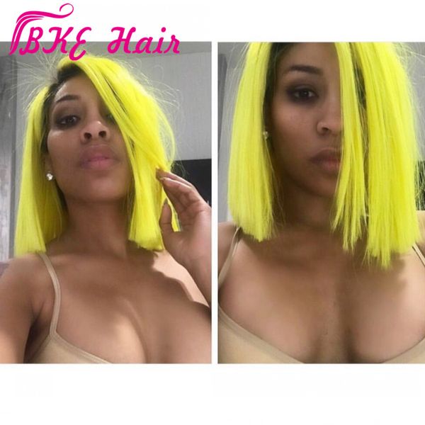 

synthetic lace front wigs pre plucked brazilian hair ombre yellow short straight bob wigs 16inch fast shipping, Black