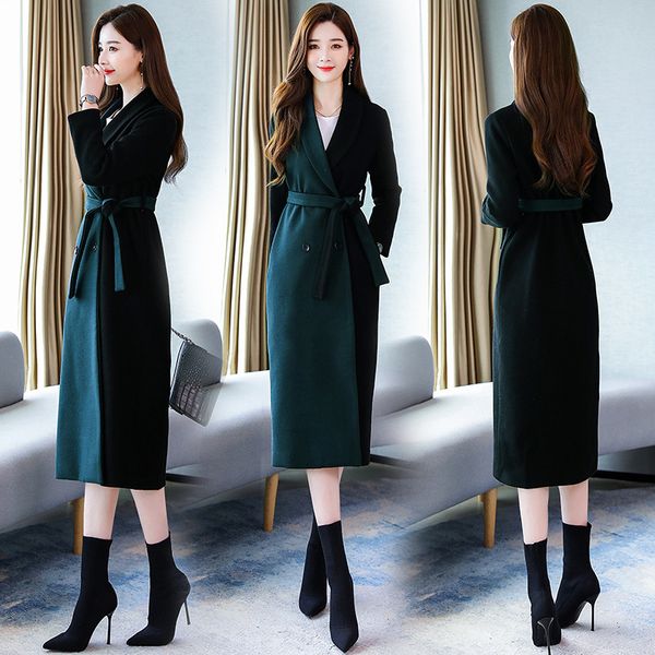 

2019 new autumn winter long woolen jackets female korean temperament slim thin nizi wool coat women with belt overcoats xa251, Black