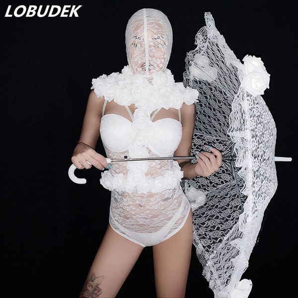 

valentine's day bar club party dance costume white lace flowers mask bodysuit women dj singer dance team performance stage wear, Black;red