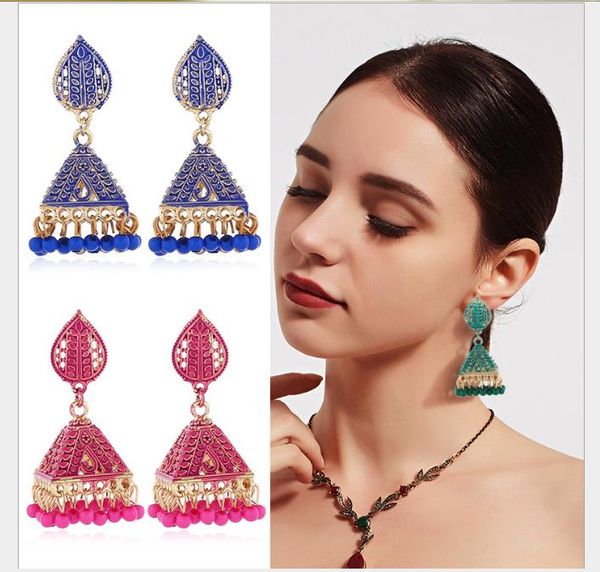 

painting oil square wish bell pendant earrings national wind earrings, Golden;silver