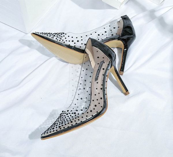 

2020 autumn new rhinestone transparent french high heels women's stiletto with pointed wild red shoes, Black
