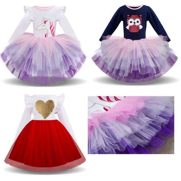 

2019 new baby girls unicorn owl love heart sequins long sleeve cartoon princess dresses children ruffle pleated party dress dancewear cloth, Red;yellow