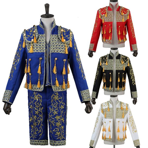 

men's matador clothing stage court performance bullfighting embroidery black red blue men's sets coat vest short pant, Gray