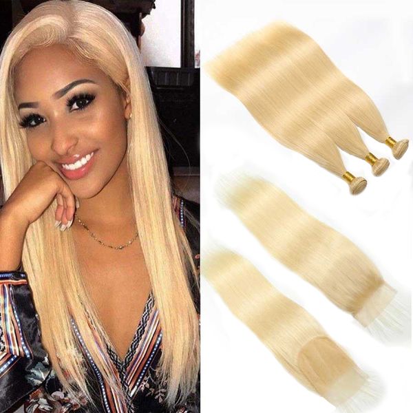 

613 blonde связки с closure бразильский девы волос пучки с затворы straight человеческие пучки волос с закрытием 4 шт / мешок прямые волосы, Black;brown