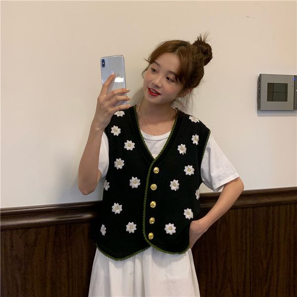 

2020 new fashion embroidered daisy knitted vest coat, Black;white