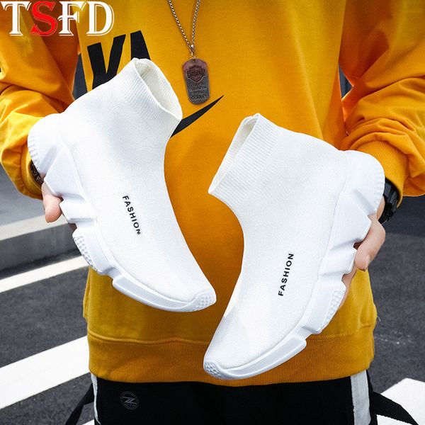 

summer men's sport shoes lightweight chunky sneakers slip-on men running shoe men's sports sock footwear white big size shoe v5