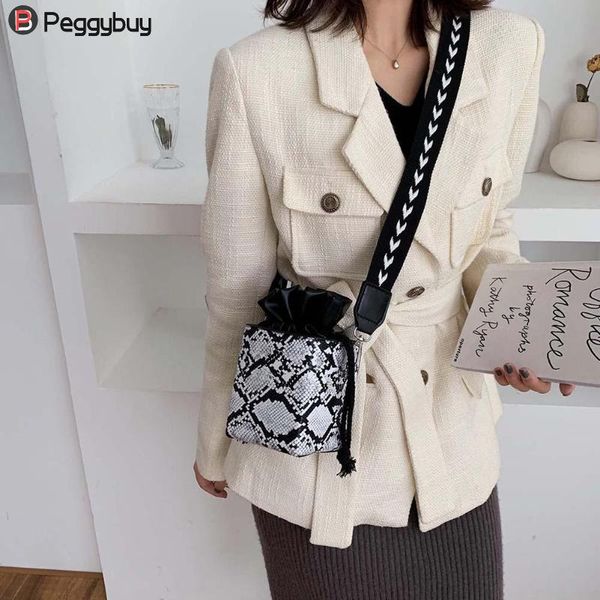 

women pu leather drawstring shoulder bag fashion serpentine bucket handbag ladies snake print small crossbody bag