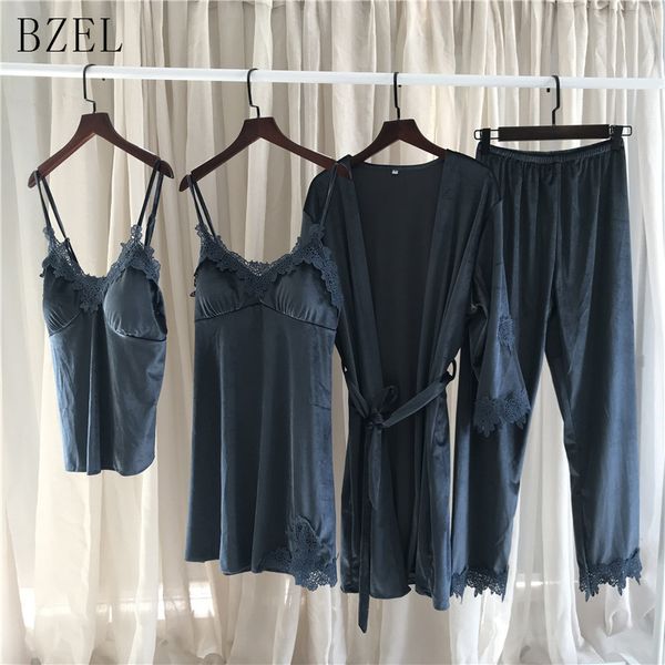 

bzel autumn winter warm pajamas set women pyjamas sleepwear for women velvet nightwear long pant robe pijama mujer 4pcs/set, Blue;gray