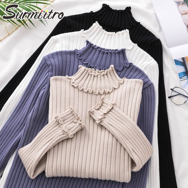 

surmiitro ruffles half turtleneck women 2019 autumn winter sweater female blue white black ladies jumper long sleeve pullover
