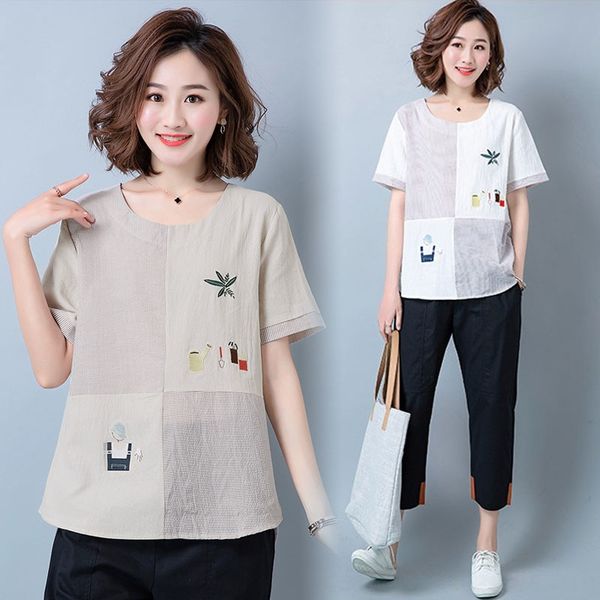 

женщины размера крупных рыхлая тонкая живот покрытия художественной полосы шить хлопок белье с короткими рукавами футболки вышивка футболки, White