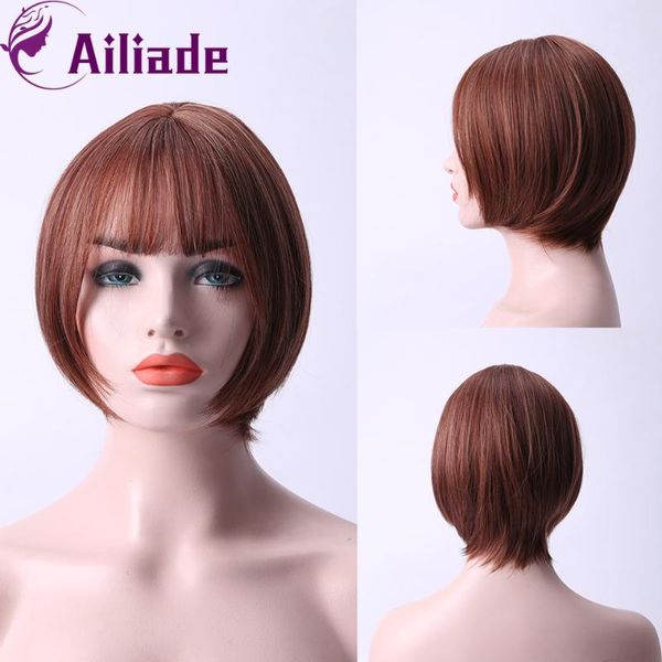 

ailiade high temperature resistance red-brown short straight hair with bangs bob synthetic wig woman daily wig, Black