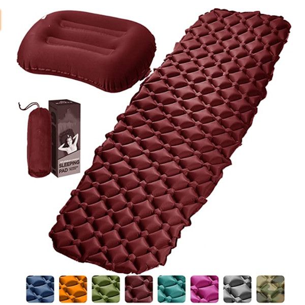 

camping sleeping pad inflatable travel pillow ultralight backpacking air mattress w compact carrying bag sleeping mat wine red