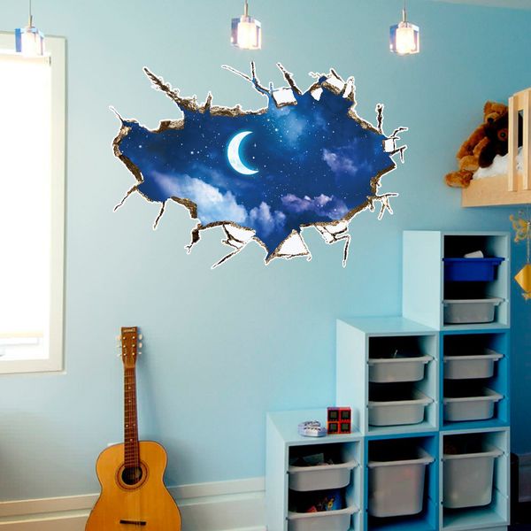 3d Break The Wall Moon Night Sky Landscape Wall Stickers Bedroom Personality Bedside Tv Background Murals Childrens Removable Wall Stickers Childrens