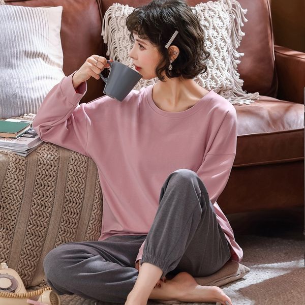 

2019 autumn cotton pajamas sets for women long sleeve sleepwear suit pyjama femme homewear loungewear pijama mujer home clothes, Black;red