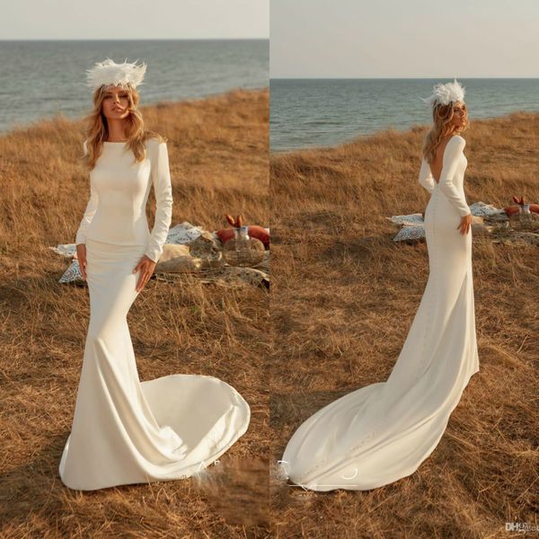 

modest 2020 mermaid satin wedding dresses long sleeve backless bridal gowns sweep train boho country wedding dress robe de mariÃ©e, White