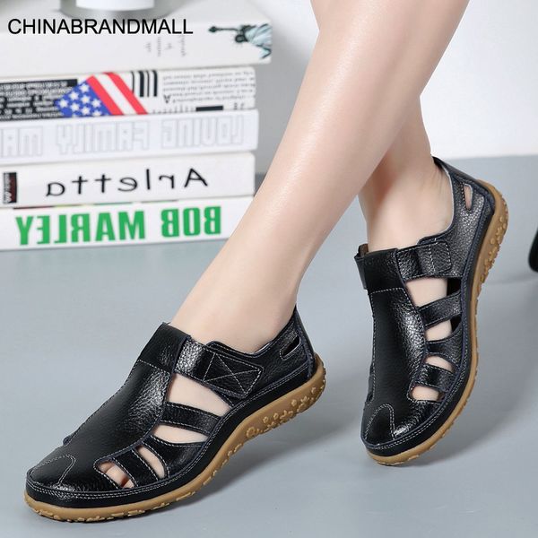 

women gladiator sandals split leather summer shoes woman hollow out flat sandals ladies casual soft bottom female beach sandal, Black