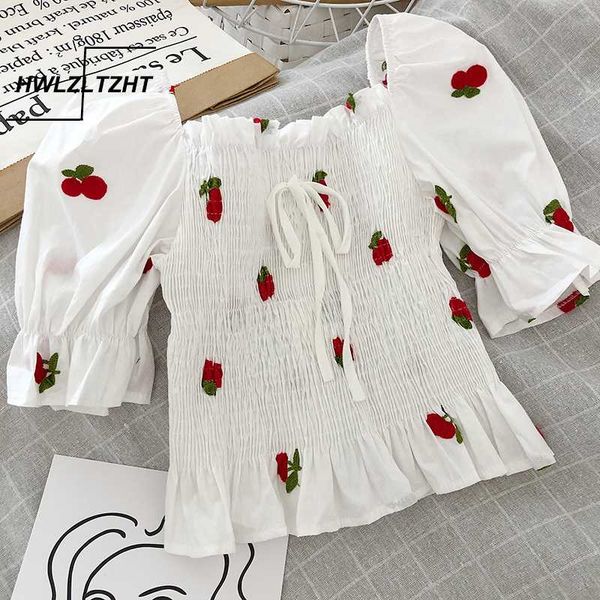 

hwlzltzht korean puff sleeves women blouses elastic female shirts fruit embroidery women's tunic summer plus size, White