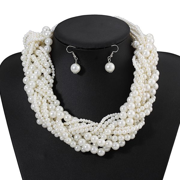 

women classic handmade simulated pearl choker statement necklace earring jewelry sets party luxury wedding jewelry set, Silver