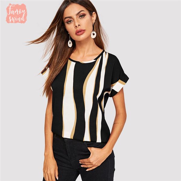 

наручники женщин блуза рукав цвет блок chic элегантных круглые шеи roll up рукав блузка 2019 лето с коротким рукавом, White