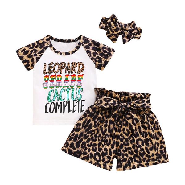 

3шт малышей девочки одежда письмо печати футболки tops + leopard печати шорты + галстуки эпикировка лето дети спорт wear, White