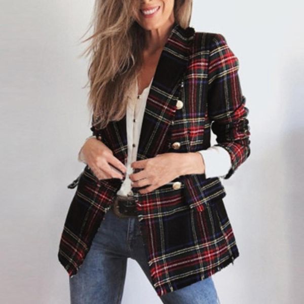 

plus size women's autumn and winter plaid coat long-sleeved double-sided button clothes outdoor jackets for female streetwear, Black