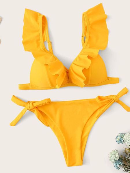 

yellow swimsuit ruffle thong bikini set frill bathing suit women tie side solid bikinis push up swimwear women biquinis, White;black