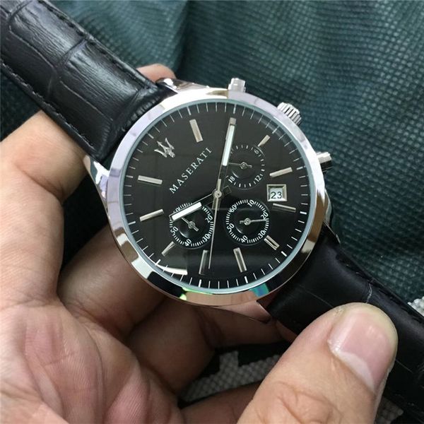 

luxury leather black men watches brand fashion mens calendar watch military chronograph quartz wristwatch relogio montre de luxe, Slivery;brown