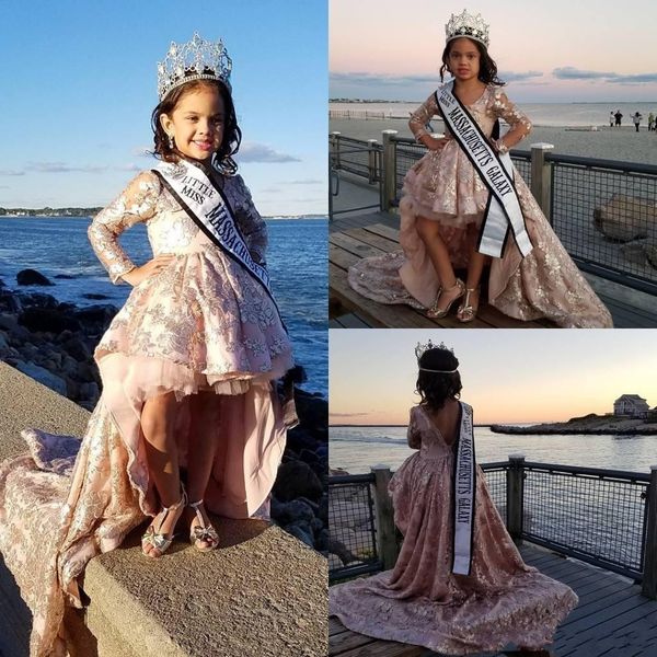 

sparking sequined applique bodice little girls pageant dresses glitz long sleeves backless high low tulle flower girls dresses for weddings